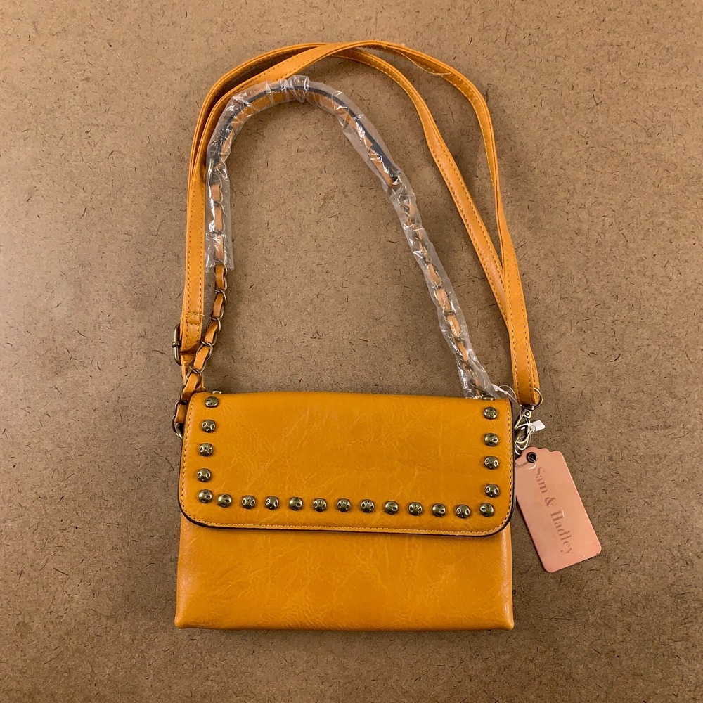 Sam & Hadley Women's Mustard Faux Leather Studded-Flap Crossbody Bag NWT